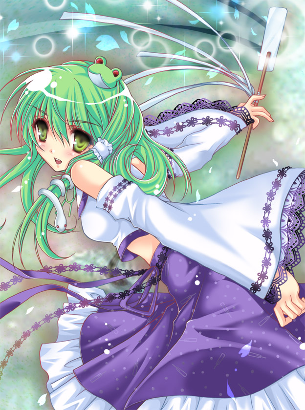 shisaki tayu, tayu shisaki, kochiya sanae, touhou, bad id, bad pixiv id, 1girl, detached sleeves, female focus, frog, gohei, green eyes, green hair, hair ornament, matching hair/eyes, oonusa, short hair, snake, solo