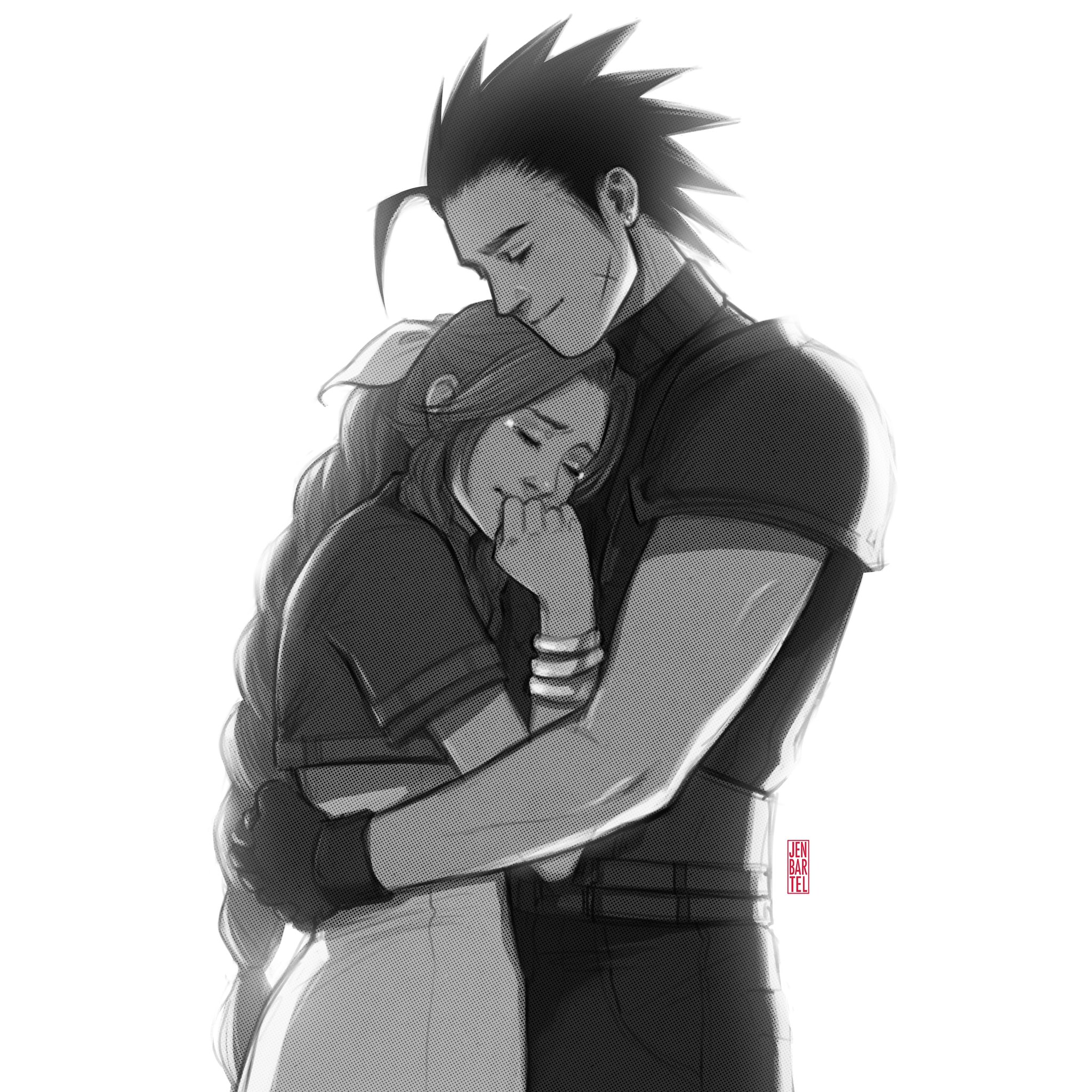 jen bartel, aerith gainsborough, zack fair, crisis core: final fantasy vii, final fantasy, final fantasy vii, final fantasy vii remake, commentary, english commentary, highres, 1boy, 1girl, armor, bangle, bracelet, braid, braided ponytail, closed eyes, closed mouth, couple, cowboy shot, cropped jacket, cross scar, dress, facial scar, gloves, greyscale, hair ribbon, happy tears, heads together, height difference, hetero, hug, jacket, jewelry, long hair, monochrome, ponytail, ribbon, scar, scar on cheek, scar on face, short hair, short sleeves, shoulder armor, signature, sleeveless, sleeveless turtleneck, spiked hair, sweater, tears, turtleneck, turtleneck sweater, white background