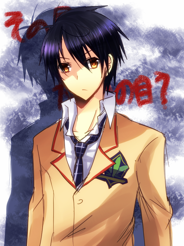 nishijou myu, nishijou takumi, chaos;head, science adventure, commentary request, 1boy, blazer, brown jacket, collared shirt, dress shirt, jacket, lapels, loose necktie, male focus, necktie, notched lapels, open collar, plaid clothes, plaid necktie, purple necktie, school emblem, school uniform, serious, shirt, solo, sono me dare no me, suimei academy school uniform, white shirt, yellow eyes