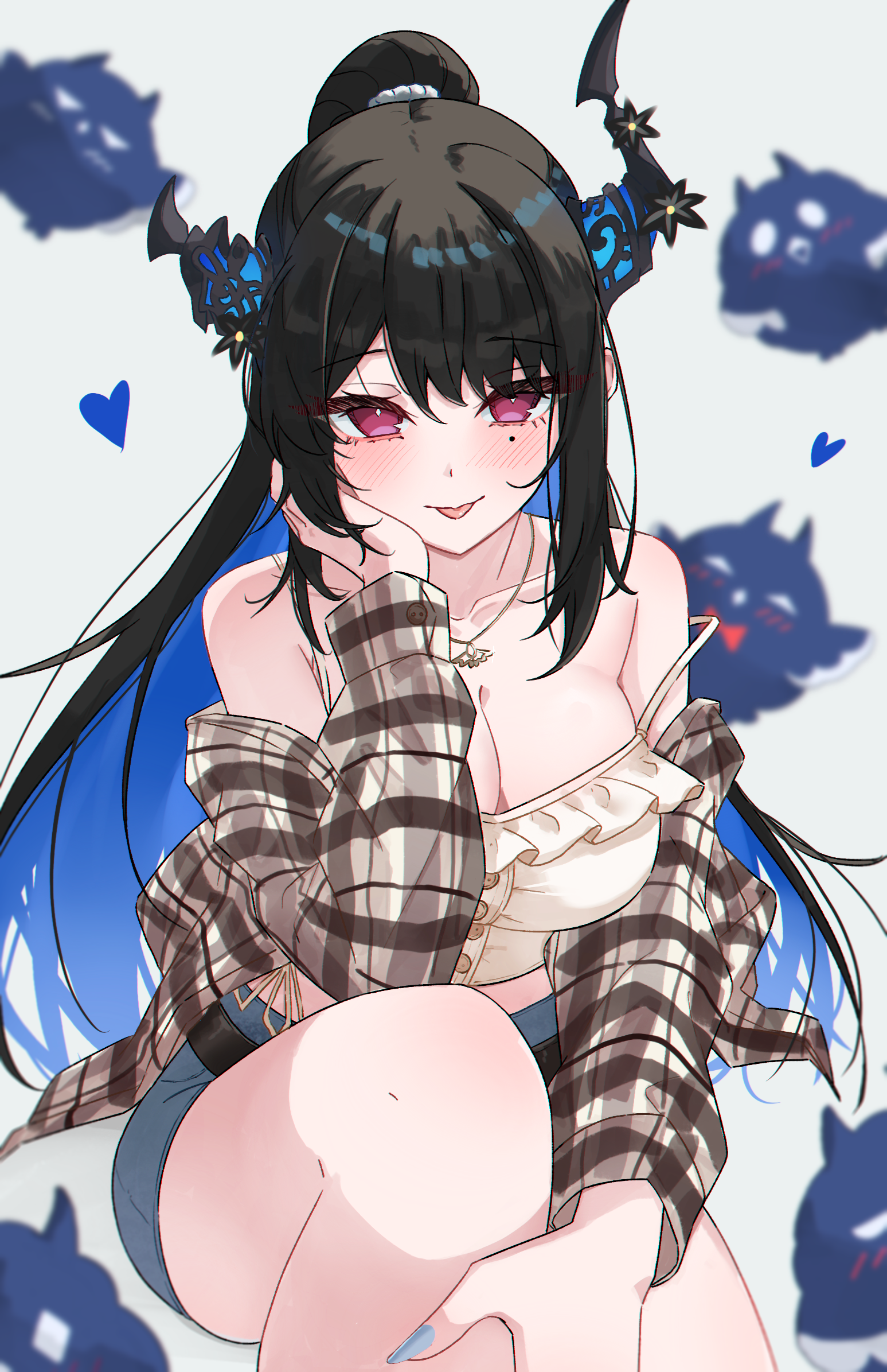magui3, jailbird (nerissa ravencroft), nerissa ravencroft, hololive, hololive english, commentary, english commentary, highres, 1girl, :p, alternate costume, asymmetrical horns, black hair, blue hair, blue skirt, borrowed design, breasts, brown shirt, camisole, cleavage, colored inner hair, demon horns, denim, denim skirt, flower, frilled camisole, frills, grey background, hand on own cheek, hand on own face, horn flower, horns, large breasts, long hair, looking at viewer, miniskirt, mole, mole under eye, multicolored hair, off shoulder, open clothes, open shirt, plaid clothes, plaid shirt, purple eyes, shirt, sidelocks, simple background, skirt, sleeves past wrists, solo, straight hair, tongue, tongue out, uneven horns, very long hair, virtual youtuber, white camisole, wide ponytail