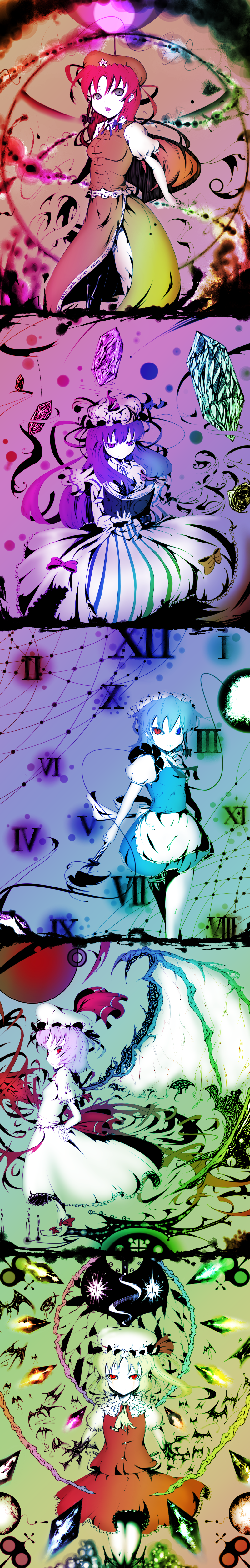 koohee, flandre scarlet, hong meiling, izayoi sakuya, patchouli knowledge, remilia scarlet, embodiment of scarlet devil, touhou, absurdres, bad id, bad pixiv id, highres, long image, tall image, 5girls, dress, female focus, gradient background, hat, heterochromia, maid, multiple girls, skirt