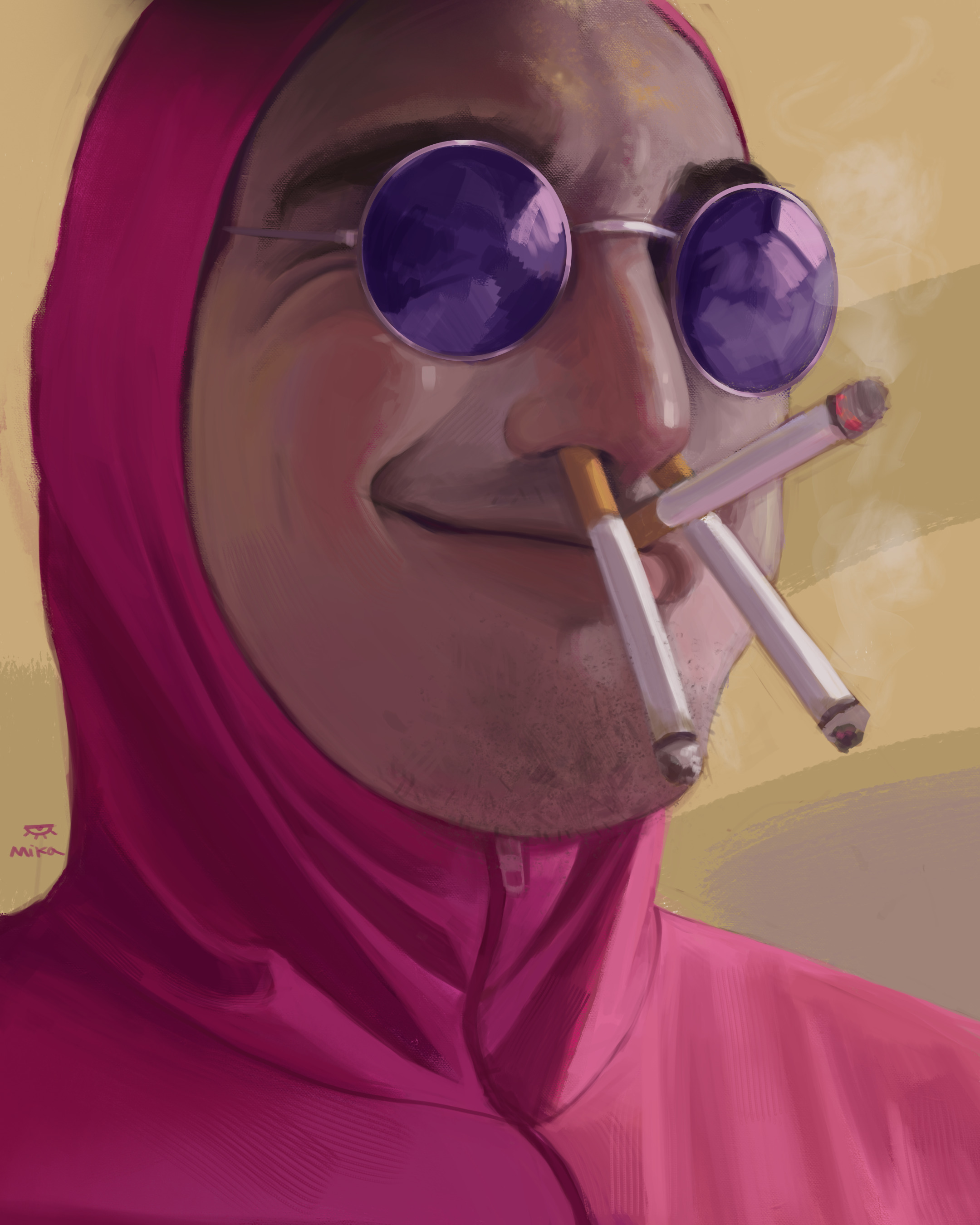 tvfilthyfrank, absurdres, commentary, english commentary, highres, 1boy, artist name, bodysuit, cigarette in nose, facial hair, glasses, goatee stubble, grin, hood, hooded bodysuit, kamikaze mika, male focus, pink bodysuit, pink guy, purple-tinted eyewear, round eyewear, smile, solo, stubble, tinted eyewear, unlit cigarette in mouth, zipper