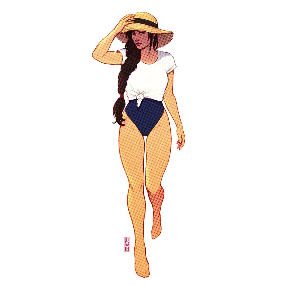 jen bartel, tifa lockhart, final fantasy, final fantasy vii, commentary, english commentary, 1girl, alternate costume, alternate hairstyle, bare arms, bare legs, barefoot, black hair, blue one-piece swimsuit, braid, feet, full body, hand on headwear, hat, knees, legs, lips, long hair, looking at viewer, one-piece swimsuit, shirt, short sleeves, single braid, solo, straw hat, summer, swimsuit, thighs, tied shirt, walking, white background, white shirt