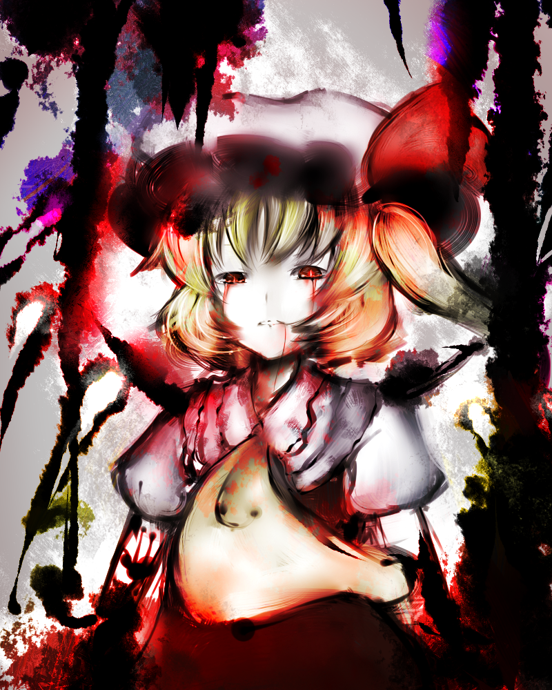 koohee, flandre scarlet, embodiment of scarlet devil, touhou, bad id, bad pixiv id, 1girl, blonde hair, blood, bow, female focus, hair bow, hat, mob cap, red eyes, short hair, solo, white hat