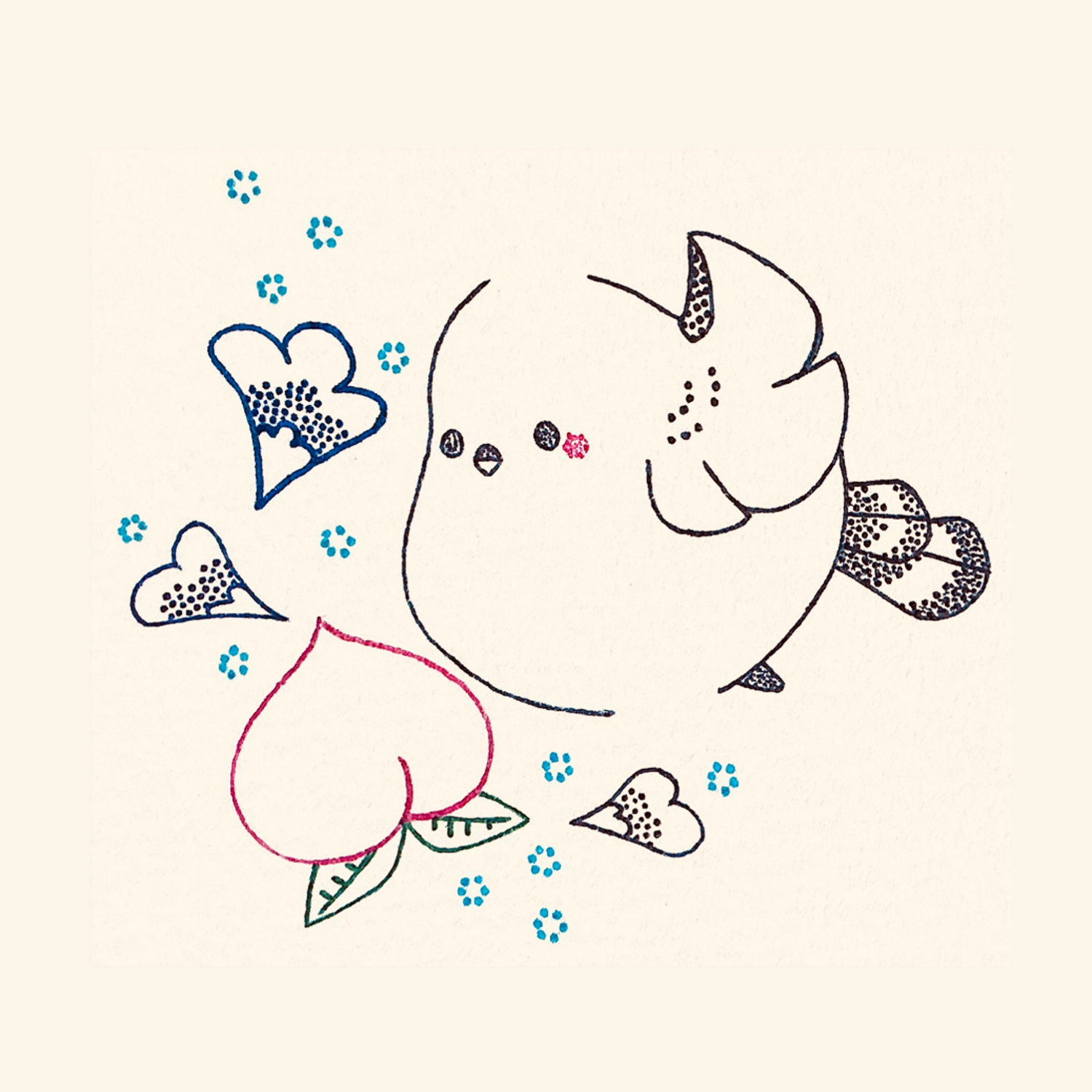 original, commentary request, highres, traditional media, animal focus, bird, food, fruit, full body, leaf, long-tailed tit, no humans, peach, solo, tit (bird), usagi shigeko