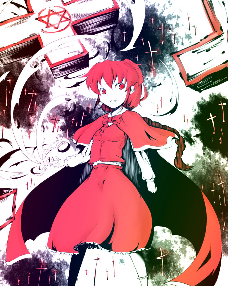 koohee, okazaki yumemi, phantasmagoria of dim.dream, touhou, touhou (pc-98), bad id, bad pixiv id, 1girl, cape, cross, female focus, hexagram, red eyes, red hair, short hair, solo