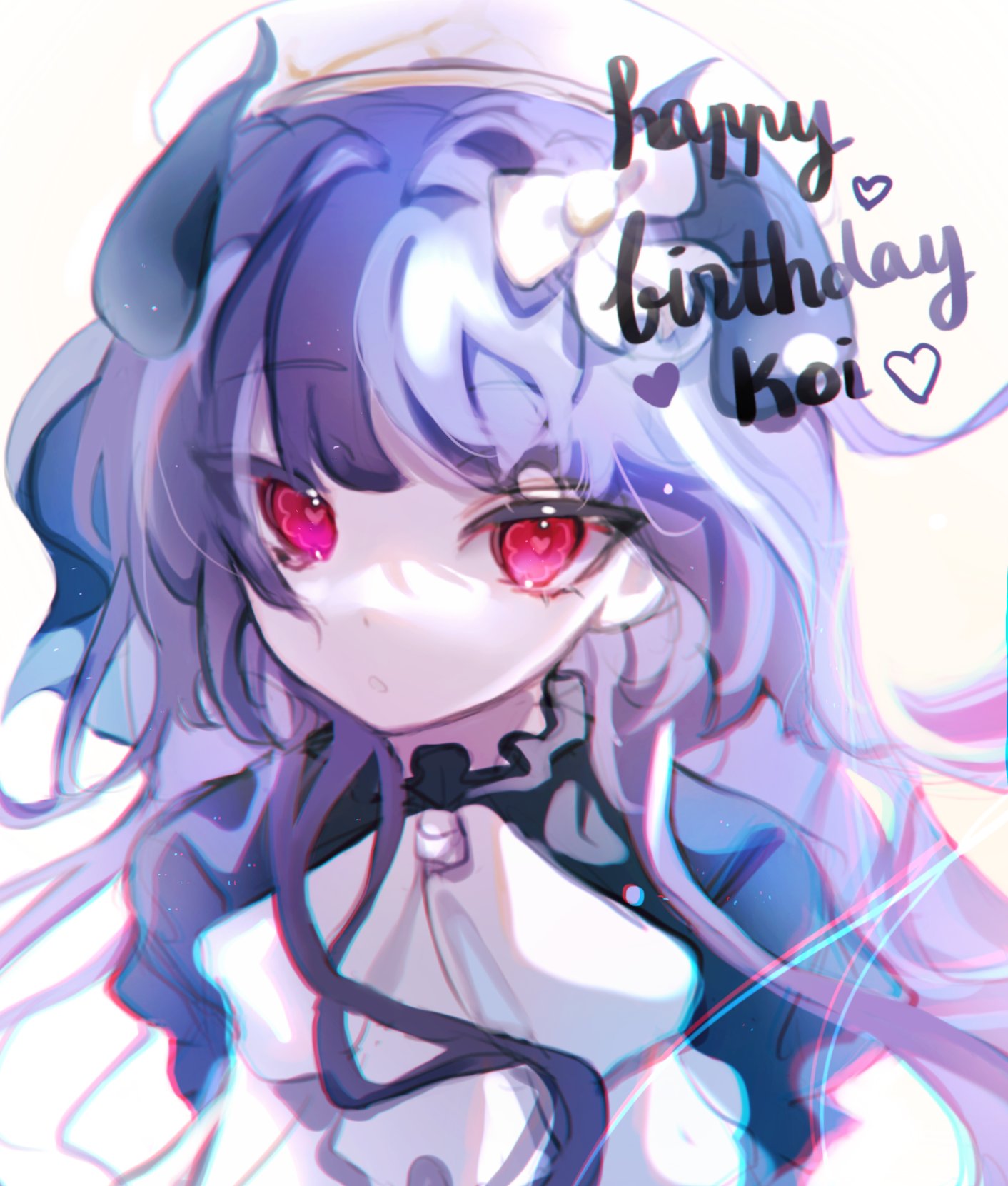 cloud (lufaeris), original, commentary, highres, symbol-only commentary, 1girl, ascot, black dress, dress, happy birthday, hat, heart, heart-shaped pupils, horns, long hair, looking at viewer, parted lips, purple hair, red eyes, simple background, solo, symbol-shaped pupils, upper body, white ascot, white background, white hat