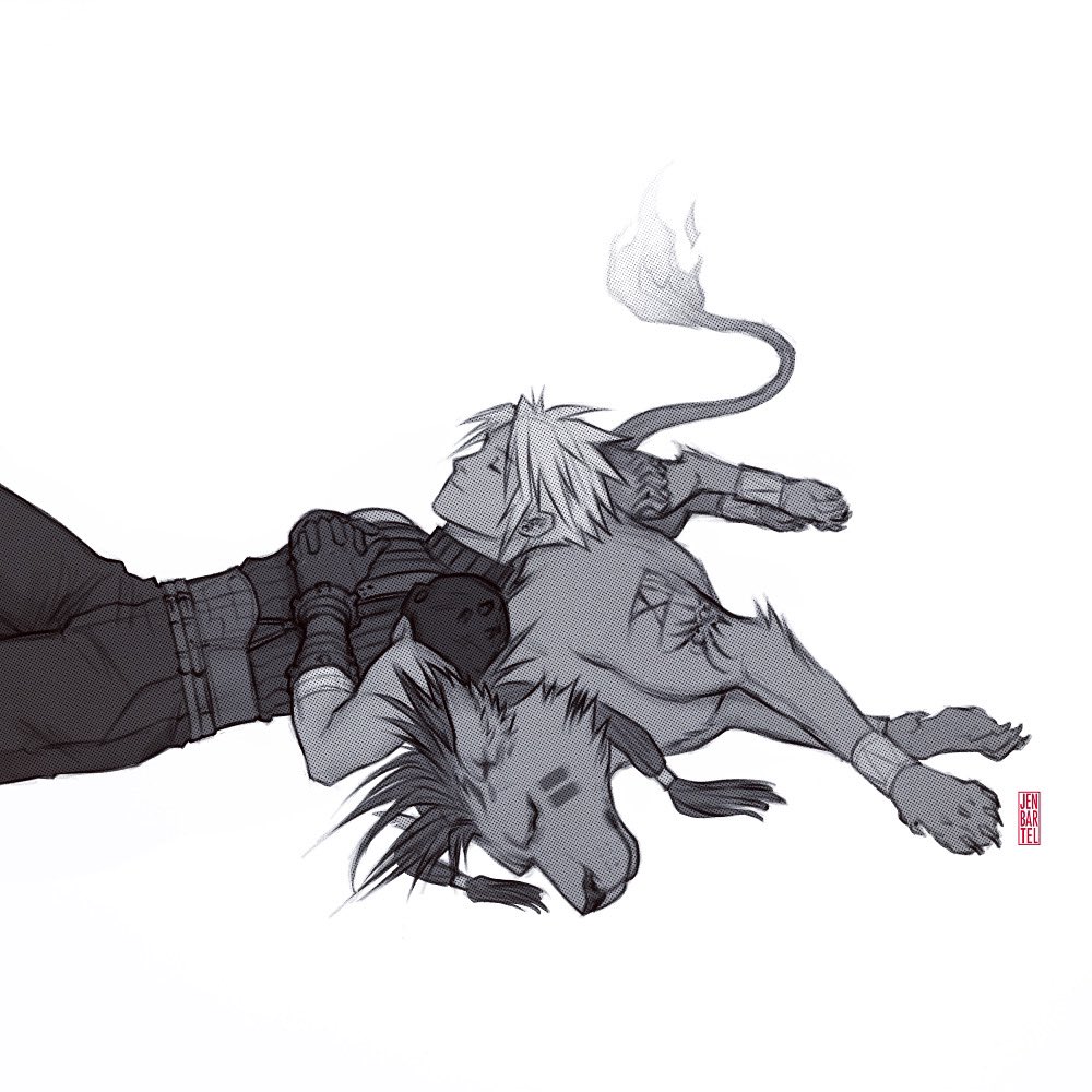 jen bartel, cloud strife, red xiii, final fantasy, final fantasy vii, final fantasy vii remake, commentary, english commentary, 2boys, armor, belt, bracelet, closed eyes, closed mouth, cowboy shot, fire, flame-tipped tail, from side, full body, gloves, greyscale, jewelry, leaning on animal, lying, male focus, monochrome, multiple belts, multiple boys, on back, on side, profile, short hair, shoulder armor, shoulder tattoo, signature, sleeping, sleeveless, sleeveless turtleneck, spiked hair, sweater, tail, tattoo, turtleneck, turtleneck sweater, white background
