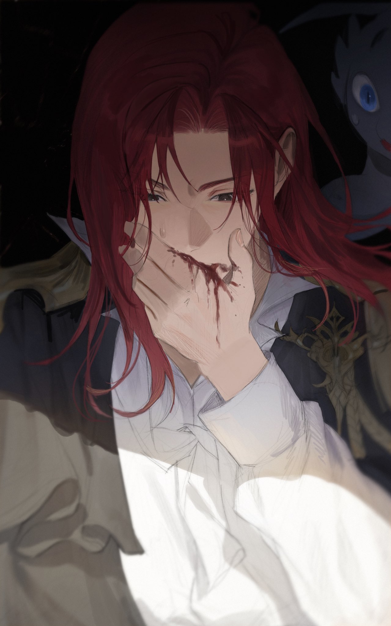 cale henituse, raon miru, lout of count's family, commentary request, highres, korean commentary, 1boy, biting, black background, black coat, bleeding, blood, blood from mouth, blood on face, blood on hands, blue eyes, coat, collared shirt, covering own mouth, dragon, epaulettes, hand on own face, hand over own mouth, hand up, long hair, long sleeves, looking down, male focus, monchya 33, parted bangs, red hair, shirt, solo focus, sweat, upper body, white shirt