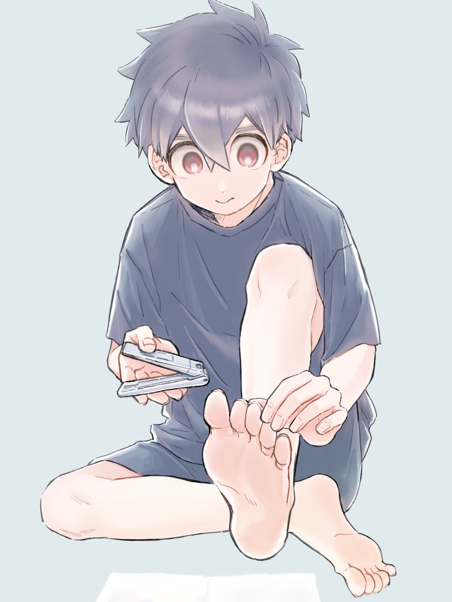 wao (77 af5), kusaka kabane, kemono jihen, highres, 1boy, applying pedicure, barefoot, clipping nails, clipping toenails, feet, hair between eyes, male focus, nail clippers, oversized clothes, oversized shirt, red eyes, shirt, short hair, simple background, sitting, solo