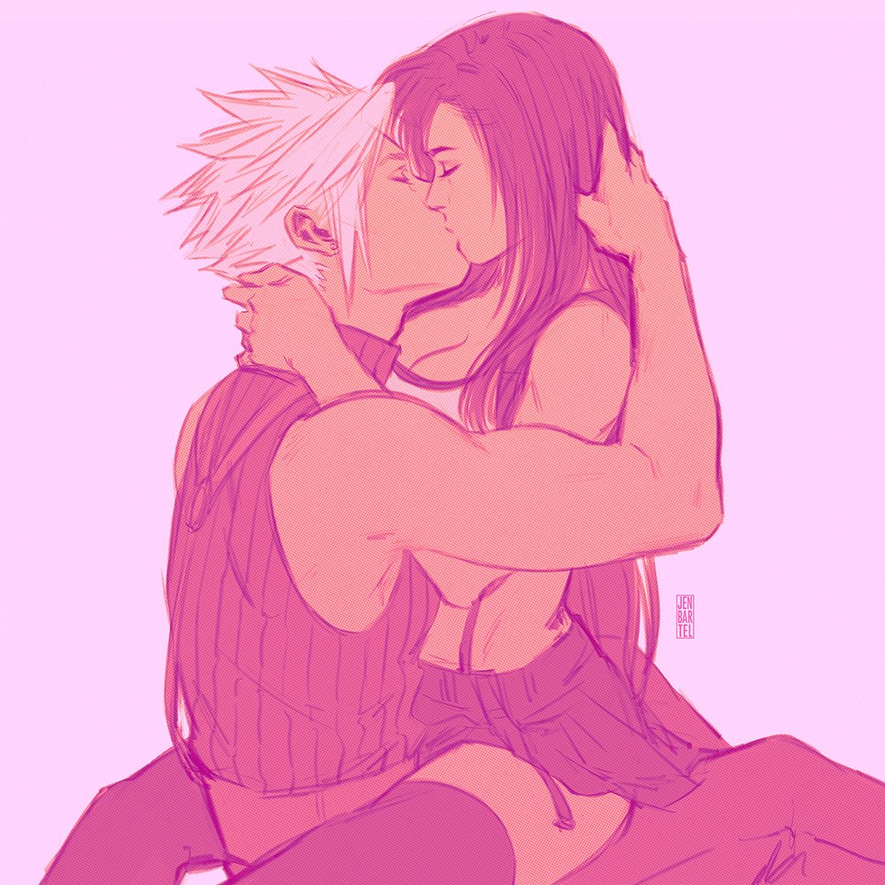 jen bartel, cloud strife, tifa lockhart, final fantasy, final fantasy vii, final fantasy vii remake, commentary, 1boy, 1girl, bare arms, bare shoulders, black hair, blonde hair, breasts, cleavage, closed eyes, couple, feet out of frame, from side, hand on another's head, hand on another's nape, hetero, hug, kiss, large breasts, long hair, miniskirt, pink background, profile, ribbed sweater, short hair, signature, simple background, sitting, sitting on lap, sitting on person, skirt, sleeveless, sleeveless turtleneck, spiked hair, suspender skirt, suspenders, sweater, tank top, thighhighs, turtleneck, turtleneck sweater, white tank top