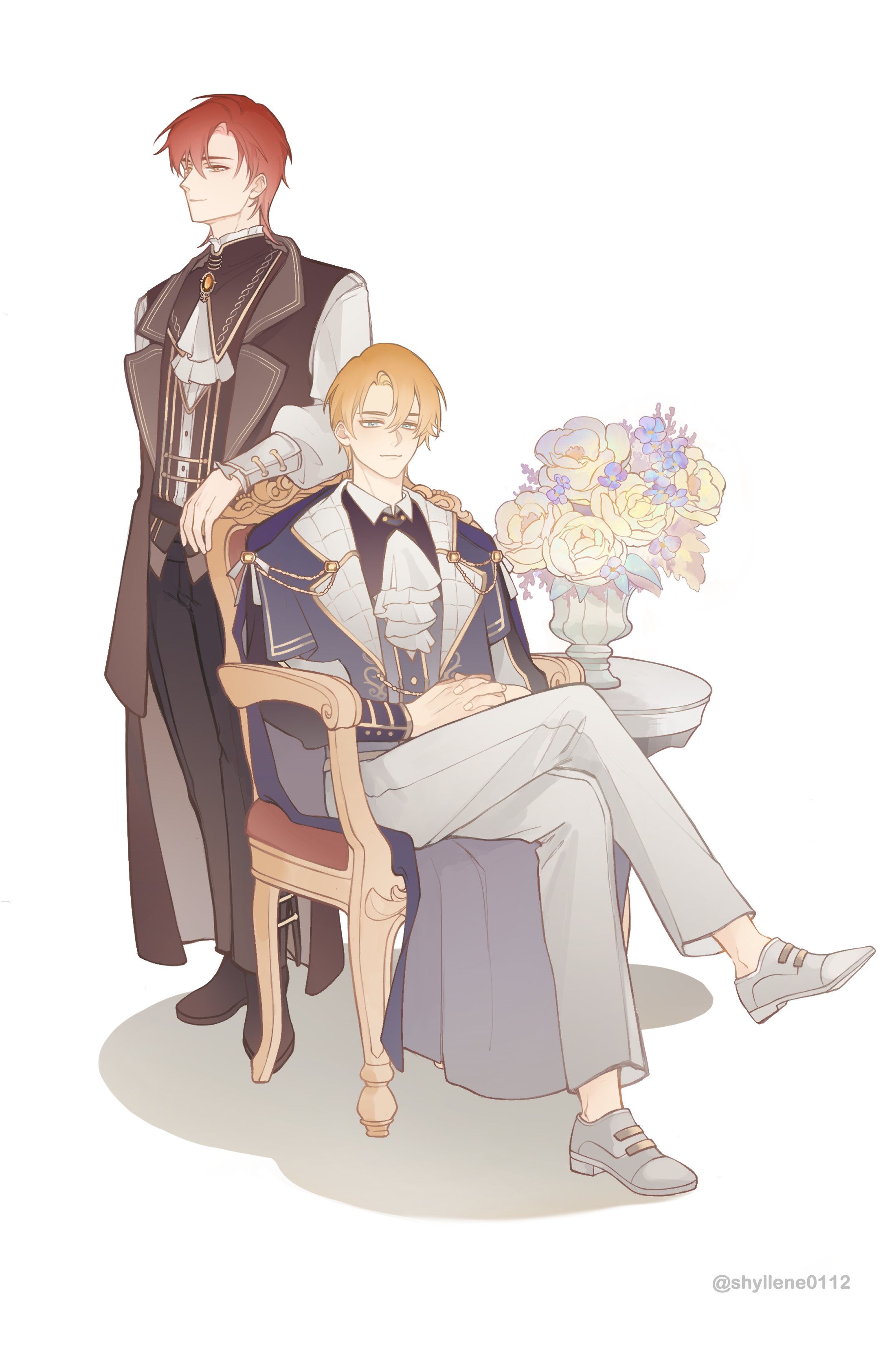 alberu crossman, cale henituse, lout of count's family, absurdres, highres, 2boys, ascot, black pants, blonde hair, blue eyes, brown vest, chair, closed mouth, coat, crossed legs, flower, full body, green eyes, grey vest, long sleeves, looking at viewer, male focus, multiple boys, own hands together, pants, red hair, rose, shirt, shoes, short hair, shyllene0112, simple background, sitting, smile, standing, vase, vest, white ascot, white background, white pants, yellow eyes, yellow flower, yellow rose