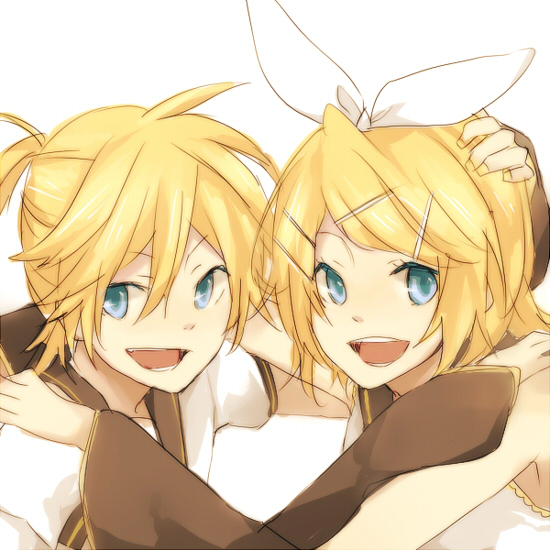 gyoniku sausage, nako13, kagamine len, kagamine rin, vocaloid, bad id, bad pixiv id, 1boy, 1girl, blonde hair, blue eyes, brother and sister, hair ornament, hair ribbon, hairclip, hetero, hug, ribbon, short hair, siblings, twins