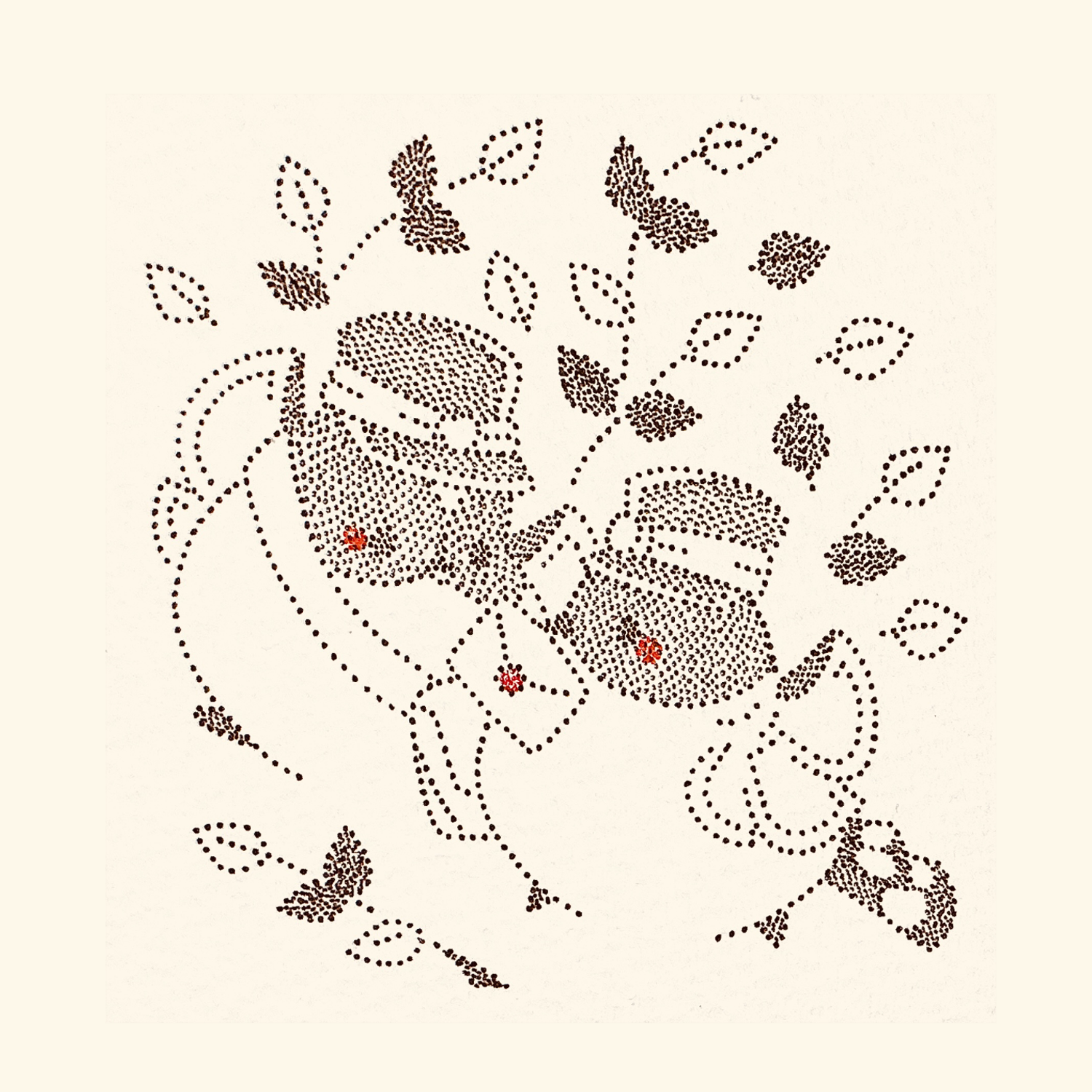 original, commentary request, highres, traditional media, animal focus, bag, bird, envelope, hat, holding, holding envelope, holding letter, leaf, letter, long-tailed tit, mailman, no humans, shoulder bag, stippling (texture), tit (bird), usagi shigeko, wax seal