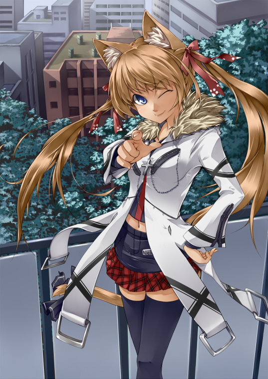 aize, original, plaid, 1girl, animal ears, balcony, blue eyes, brown hair, cat ears, cat girl, cat tail, cross, female focus, hair ribbon, long hair, midriff, nature, navel, outdoors, pointing, ribbon, skirt, solo, tail, thighhighs, twintails, wink, zettai ryouiki