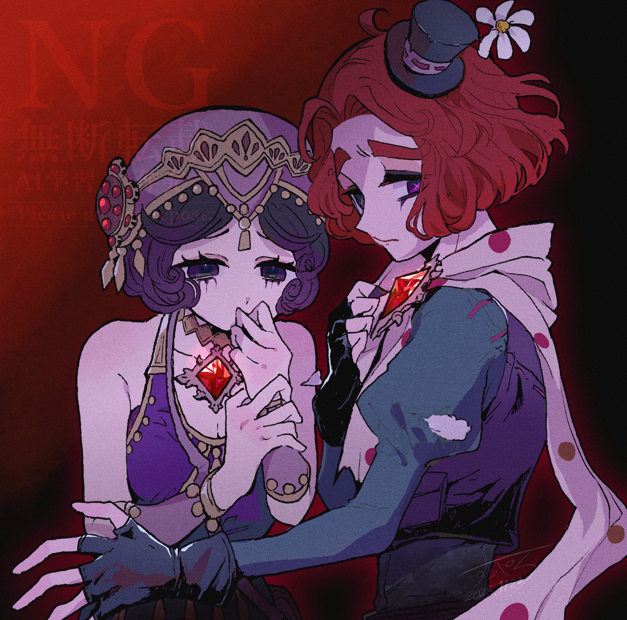 perorinsr, margaretha zelle, weeping clown (identity v), identity v, commentary request, highres, 1boy, 1girl, black eyes, black hair, black shirt, black vest, cropped vest, curled ends, curly hair, fingerless gloves, flower, gem, gloves, gold trim, hair intakes, hat, hat flower, juliet sleeves, leotard, long sleeves, looking back, mini hat, mini top hat, pink wrist cuffs, polka dot, polka dot scarf, puffy sleeves, purple hat, purple leotard, red gemstone, red hair, scarf, shirt, top hat, upper body, vest, watermark, wrist cuffs