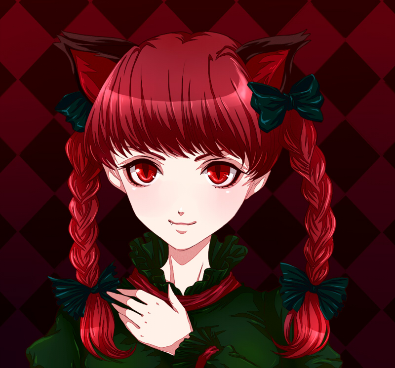 awa toka, kaenbyou rin, touhou, bad id, bad pixiv id, 1girl, animal ears, braid, cat ears, cat girl, fang, female focus, hair ribbon, portrait, red eyes, red hair, ribbon, short hair, solo, twin braids