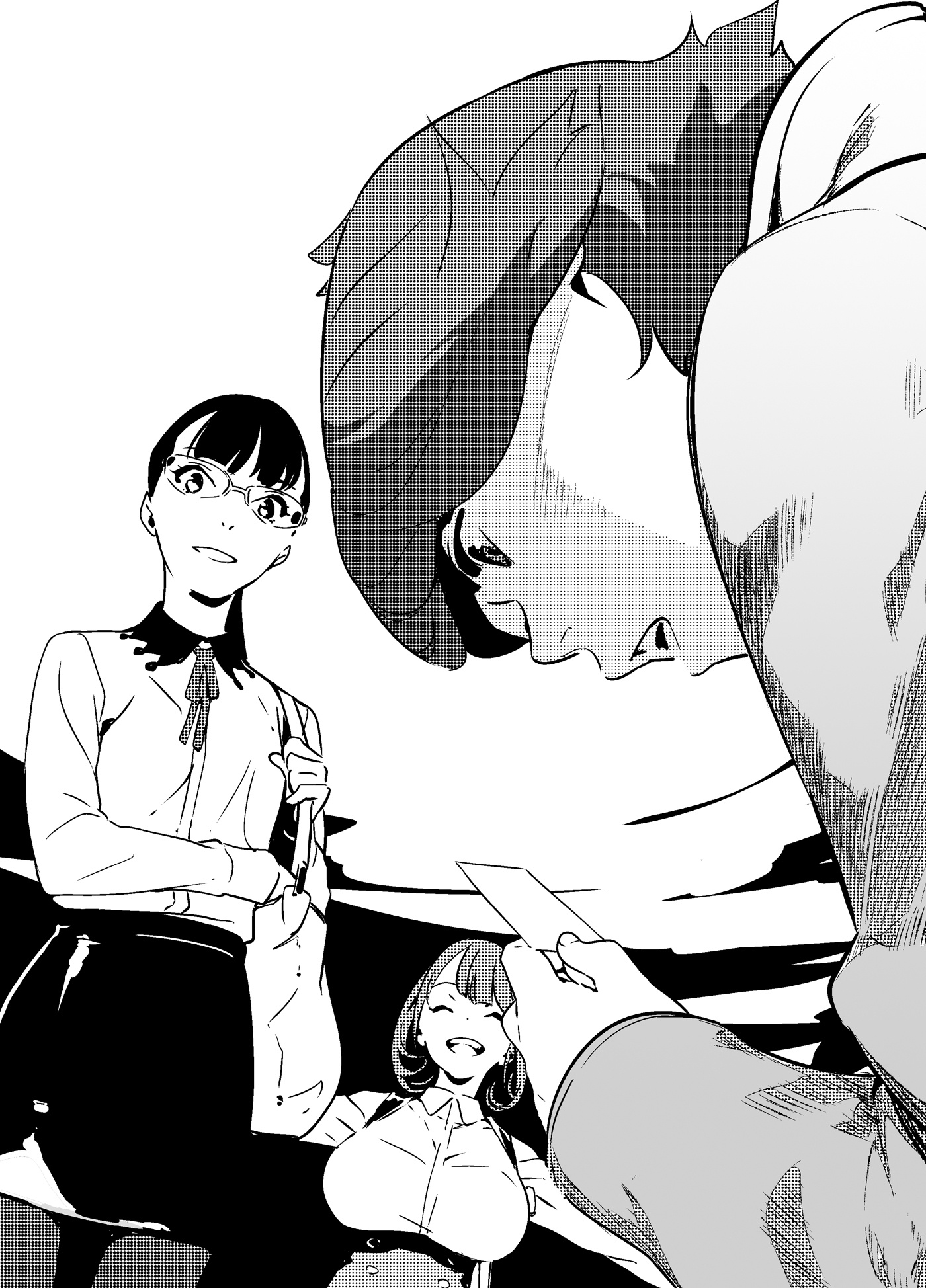 pako (pakosun), gamon yuuta, narusawa ryouka, sumikaze touko, occultic;nine, science adventure, highres, non-web source, official art, 1boy, 2girls, breasts, card, closed eyes, coat, glasses, greyscale, holding, holding card, huge breasts, long hair, long sleeves, monochrome, multiple girls, neckerchiev, open mouth, pantyhose, pencil skirt, round eyewear, shirt, short hair, simple background, skirt, smile, surprised, white shirt