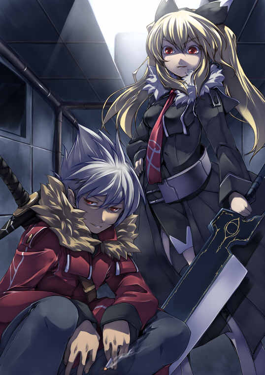 aize, original, blonde hair, blue hair, cigarette, coat, necktie, red eyes, smoke, square-end necktie, sword, twintails, weapon