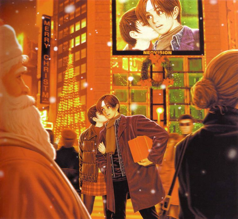 mori toshiaki, kusanagi kyou, kushinada yuki, yuki (kyo's girlfriend), snk, the king of fighters, official art, 1girl, 2boys, brown hair, christmas, couple, gift, headband, hetero, kiss, kissing cheek, motion blur, multiple boys, pantyhose, short hair, snow