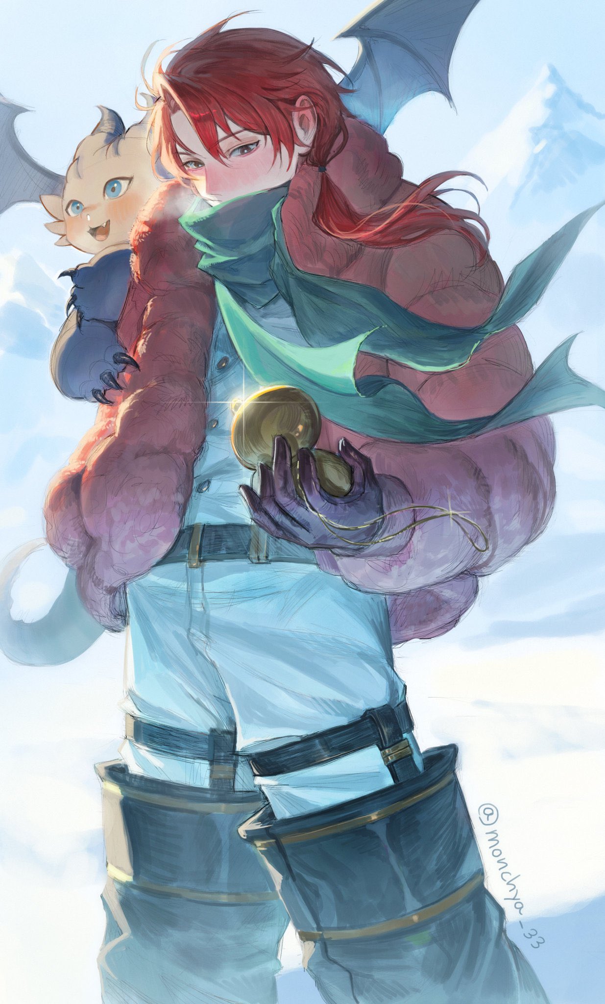 cale henituse, raon miru, lout of count's family, commentary request, highres, korean commentary, 1boy, belt, black gloves, blue eyes, blush, boots, coat, down jacket, dragon, gloves, green scarf, holding, jacket, long hair, low ponytail, male focus, monchya 33, outdoors, pants, pocket watch, ponytail, red eyes, red hair, scarf, snow, thigh boots, twitter username, watch, white pants, wings, winter, winter clothes, winter coat