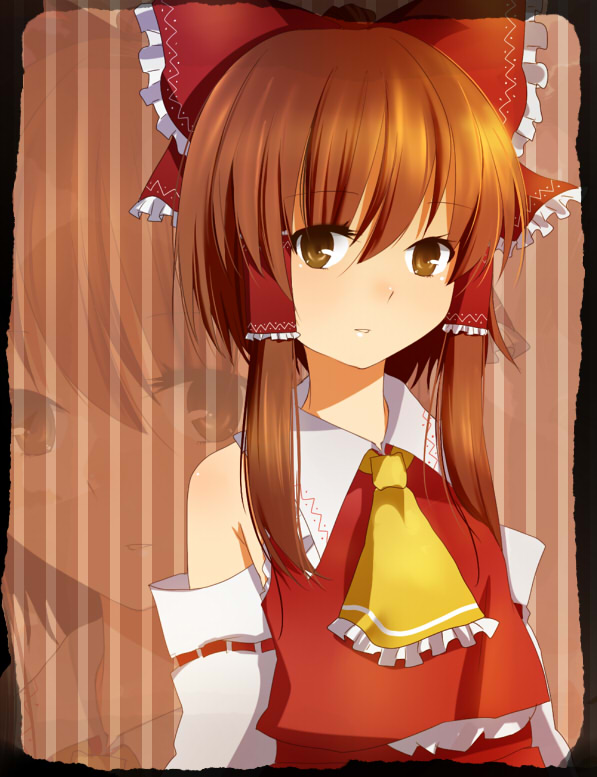 kutsushita, kutsushita (tokati r), hakurei reimu, touhou, bad id, bad pixiv id, 1girl, brown eyes, brown hair, detached sleeves, female focus, japanese clothes, miko, solo