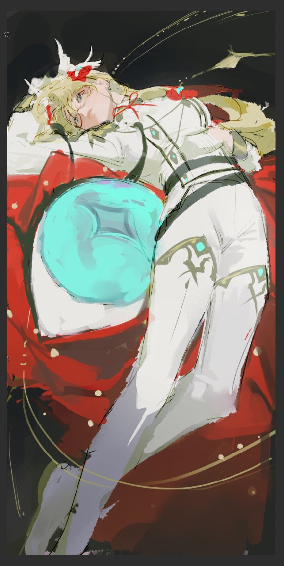 yuigacyako, aia amare, aia amare (3rd costume), nijisanji, nijisanji en, 1girl, aqua eyes, belt, black belt, black border, blonde hair, boots, border, disembodied eye, expressionless, eyeball, feathered wings, feet out of frame, flower, flower on chest, glasses, gloves, hair flower, hair ornament, head wings, jacket, long hair, lying, multiple belts, neck ribbon, on back, pants, red flower, red ribbon, ribbon, shooting star, sketch, solo, thigh boots, virtual youtuber, white boots, white gloves, white jacket, white pants, white wings, wings