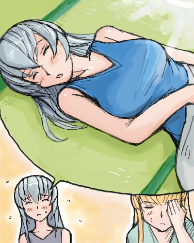 tsuda nanafushi, shinku, suigintou, rozen maiden, silver hair, lowres, 00s, 2girls, aged up, blonde hair, breasts, casual, facepalm, large breasts, multiple girls, sleeping