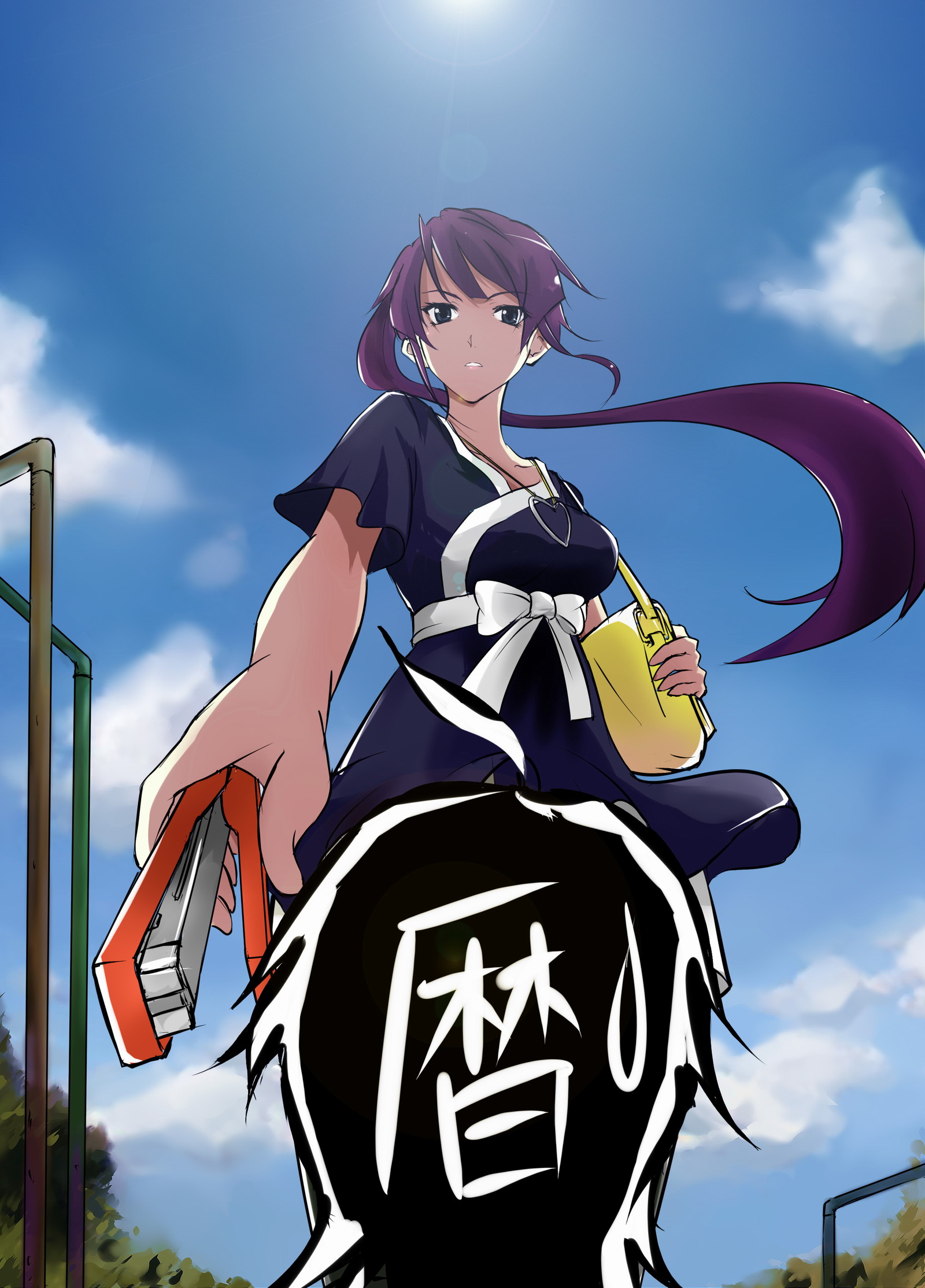 firelain, firelain (pixiv), senjougahara hitagi, bakemonogatari, monogatari (series), highres, 00s, 1girl, bag, blue eyes, cloud, day, female focus, handbag, jewelry, long hair, necklace, pantyhose, ponytail, purple hair, sky, solo, stapler, sun