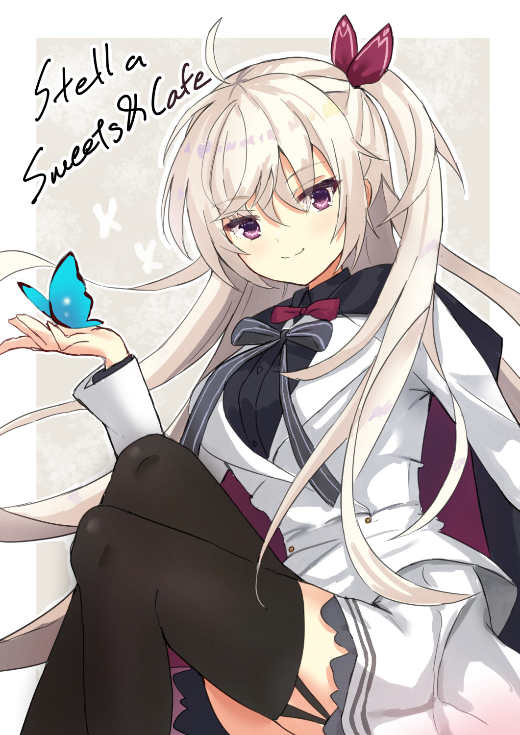 nowa2109, akizuki kanna, cafe stella to shinigami no chou, commentary, highres, 1girl, ahoge, black cape, black shirt, black thighhighs, blue butterfly, border, bow, bowtie, bug, butterfly, butterfly on hand, cape, closed mouth, collared shirt, english text, eyes visible through hair, feet out of frame, floating hair, grey background, hair between eyes, hair ribbon, hand up, insect, jacket, knees up, long hair, long sleeves, looking at viewer, one side up, outline, outside border, purple eyes, red bow, red bowtie, red ribbon, ribbon, shirt, simple background, sitting, smile, solo, split mouth, thighhighs, very long hair, white border, white hair, white jacket, white outline, zettai ryouiki