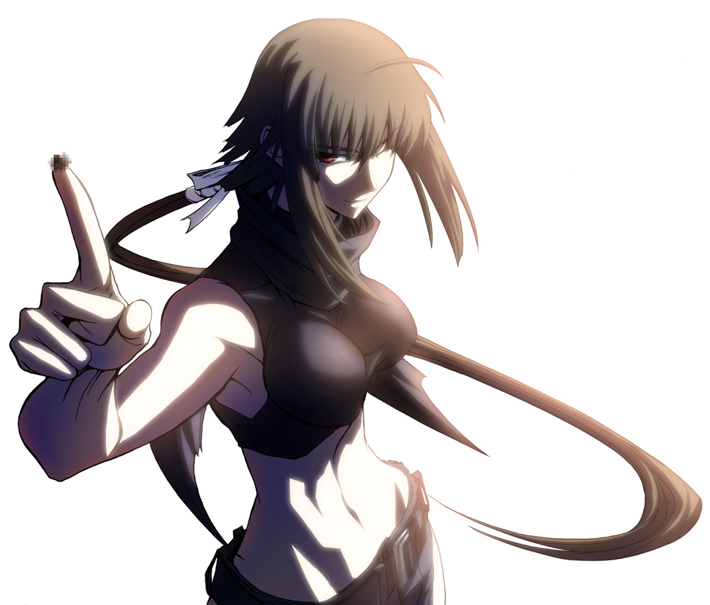 imizu (nitro unknown), nagase kaede, mahou sensei negima!, bad id, bad pixiv id, 00s, 1girl, ahoge, armpits, belt, breasts, censored, crop top, fake censor, female focus, large breasts, one eye closed, ponytail, snot, solo, wink