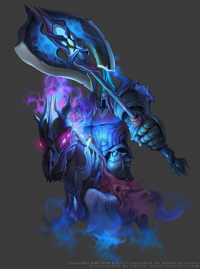 caesty, nexon, tales weaver, commentary request, korean commentary, official art, armor, artist name, axe, barding, battle axe, black fur, blue eyes, breastplate, clenched hand, company name, copyright notice, cuirass, dated commentary, english text, extra eyes, faulds, fire, full armor, gauntlets, glowing, glowing eyes, gothic plate armor, grey background, helmet, horse, horseback riding, left-handed, living armor, odin (tales weaver), pauldrons, plate armor, poleyn, production art, purple fire, purple tail, rerebrace, riding, shoulder armor, simple background, sitting, smoke, watermark, weapon, web address