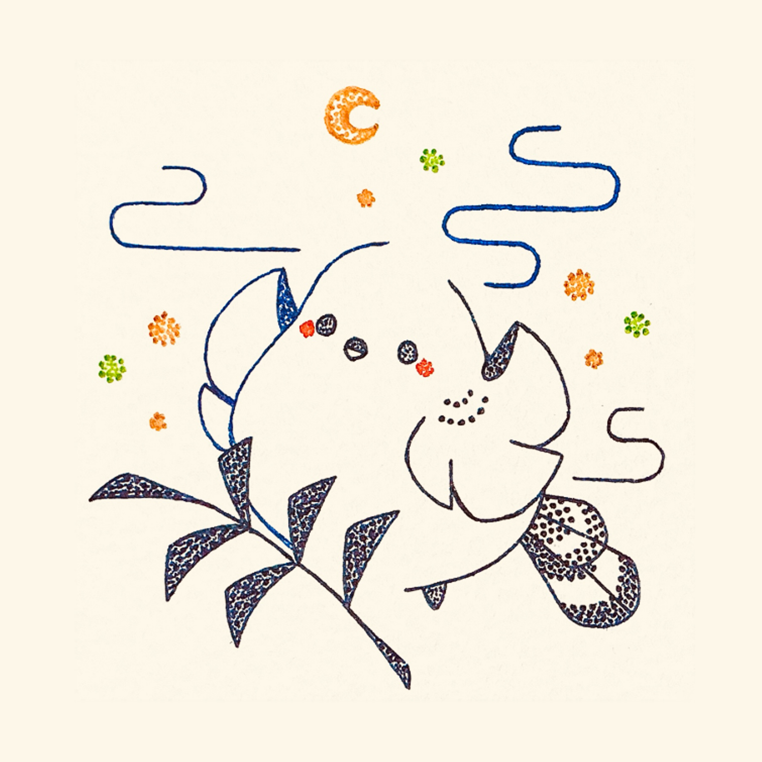 original, commentary request, highres, traditional media, animal focus, bird, branch, bug, crescent moon, egasumi, firefly, full body, insect, long-tailed tit, looking at viewer, moon, night, no humans, outdoors, solo, tit (bird), usagi shigeko