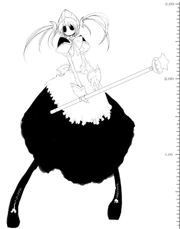 3m, futaba channel, nijiura maids, 1girl, alternate hairstyle, apron, boots, female focus, gloves, greyscale, magical girl, maid, maid apron, measurements, monochrome, puffy sleeves, solo, star (symbol), twintails, wand