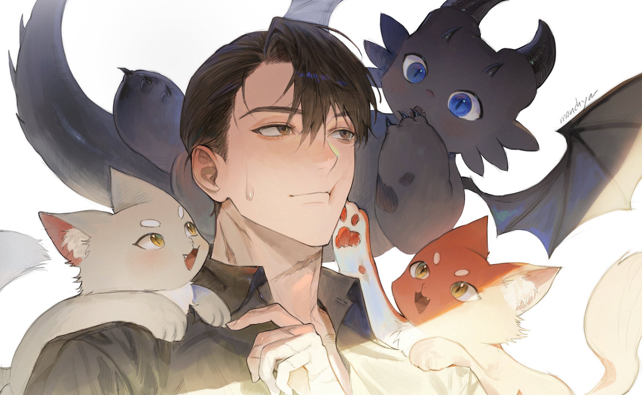 hong (lout of count's family), ohn (lout of count's family), raon miru, lout of count's family, commentary request, highres, korean commentary, 1boy, animal, animal ear fluff, animal on shoulder, biting, black hair, black shirt, blue eyes, brown eyes, brown hair, cat, cat on shoulder, closed mouth, collared shirt, creature, dragon, hand up, horns, kim rok soo, looking at another, male focus, monchya 33, open mouth, portrait, scar, scar on face, scar on neck, shirt, short hair, simple background, smile, sweatdrop, tail, upper body, white background, wings, yellow eyes