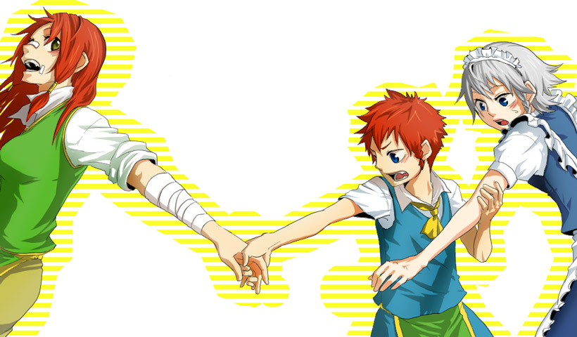 kyouno, hong meiling, izayoi sakuya, touhou, silver hair, 1boy, 2girls, bandages, blue eyes, braid, if they mated, maid, maid headdress, multiple girls, red hair, short hair, white background, yellow eyes