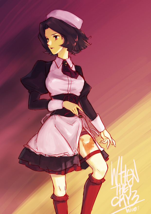 hinohino, shannon (umineko), umineko no naku koro ni, looking away, 00s, 1girl, apron, ascot, black skirt, breasts, brooch, brown hair, burn scar, corset, cowboy shot, expressionless, female focus, gem, hat, jewelry, juliet sleeves, kneehighs, long sleeves, looking to the side, medium breasts, nurse cap, open mouth, puffy sleeves, red eyes, red socks, scar, short hair, side slit, skirt, sleeve cuffs, socks, solo, standing, thigh strap, two-tone background, waist apron, white apron, wing collar