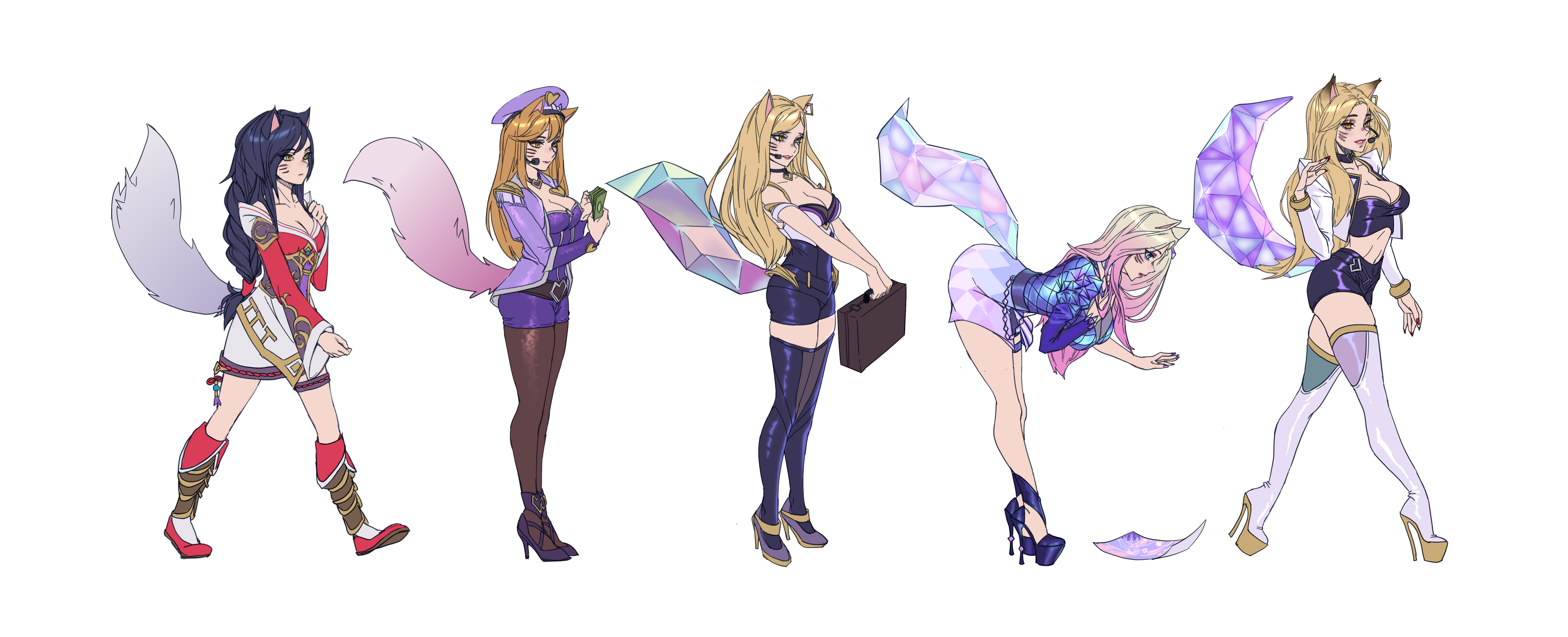 dawvil, ahri (league of legends), k/da (league of legends), k/da ahri, k/da all out ahri, popstar ahri, league of legends, absurdres, commentary, english commentary, highres, 5girls, animal ears, bent over, bimbo picks up a book (meme), bimbofication, black hair, blonde hair, boots, braid, breasts, crystal tail, facial mark, fox ears, fox girl, fox tail, full body, hat, headset, high heels, holding, holding money, holding suitcase, jacket, large breasts, long hair, long sleeves, meme, money, multiple girls, multiple persona, peaked cap, pink skirt, platform heels, purple hat, purple jacket, purple shoes, red nails, shoes, simple background, skirt, stiletto heels, suitcase, tail, thigh boots, thigh strap, thighs, walking, whisker markings, white background