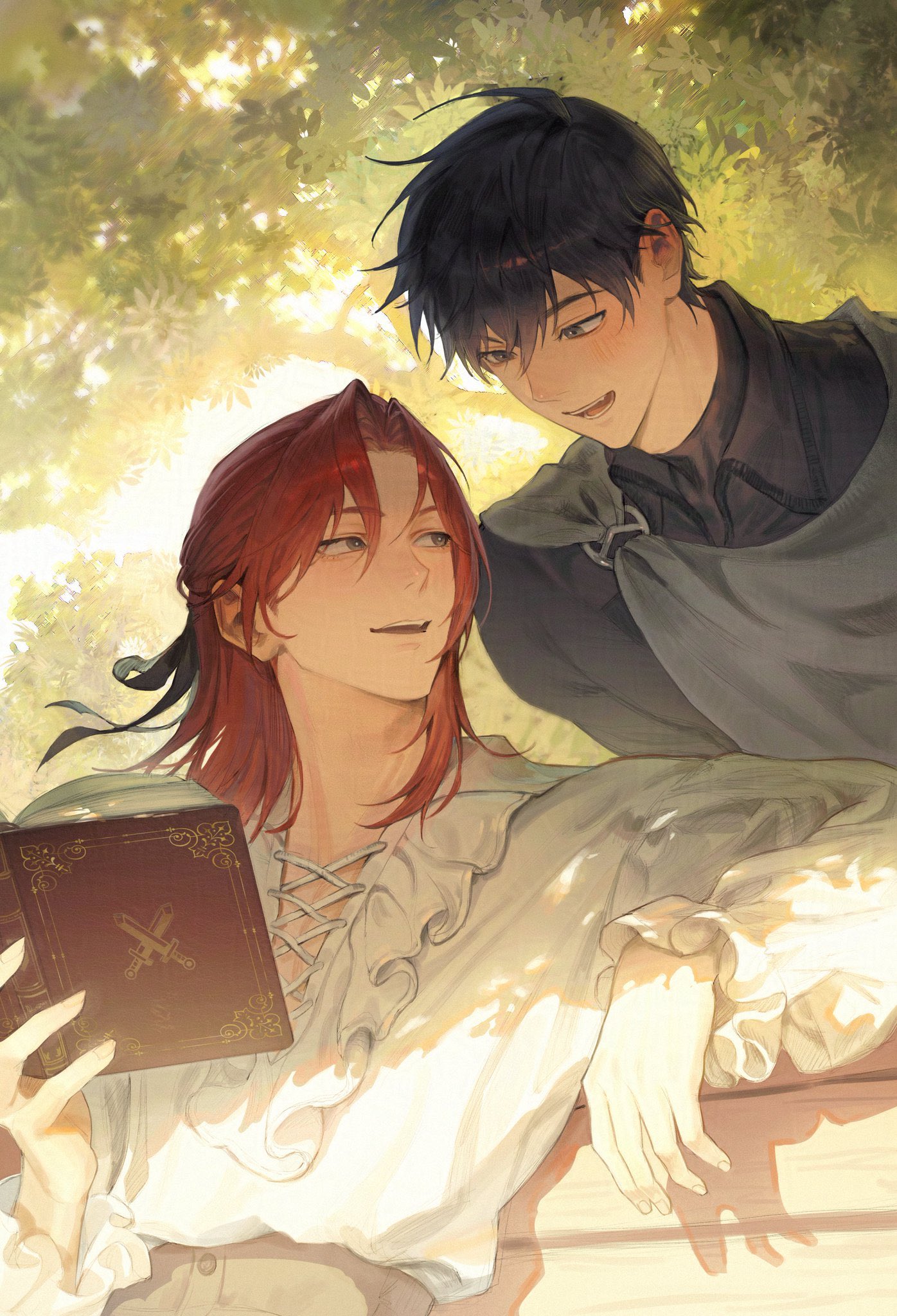 cale henituse, choi han, lout of count's family, commentary request, highres, korean commentary, 2boys, :d, bench, black eyes, black hair, black ribbon, black shirt, blush, book, bush, collared shirt, cross-laced clothes, dappled sunlight, day, eye contact, frilled shirt, frilled sleeves, frills, grey pants, hair between eyes, hair ribbon, half updo, hand up, holding, holding book, long sleeves, looking at another, male focus, medium hair, monchya 33, multiple boys, on bench, open book, open mouth, outdoors, pants, parted bangs, puffy long sleeves, puffy sleeves, reading, red hair, ribbon, shirt, shirt tucked in, short hair, sitting, smile, sunlight, teeth, tree, upper body, upper teeth only, white shirt, yaoi