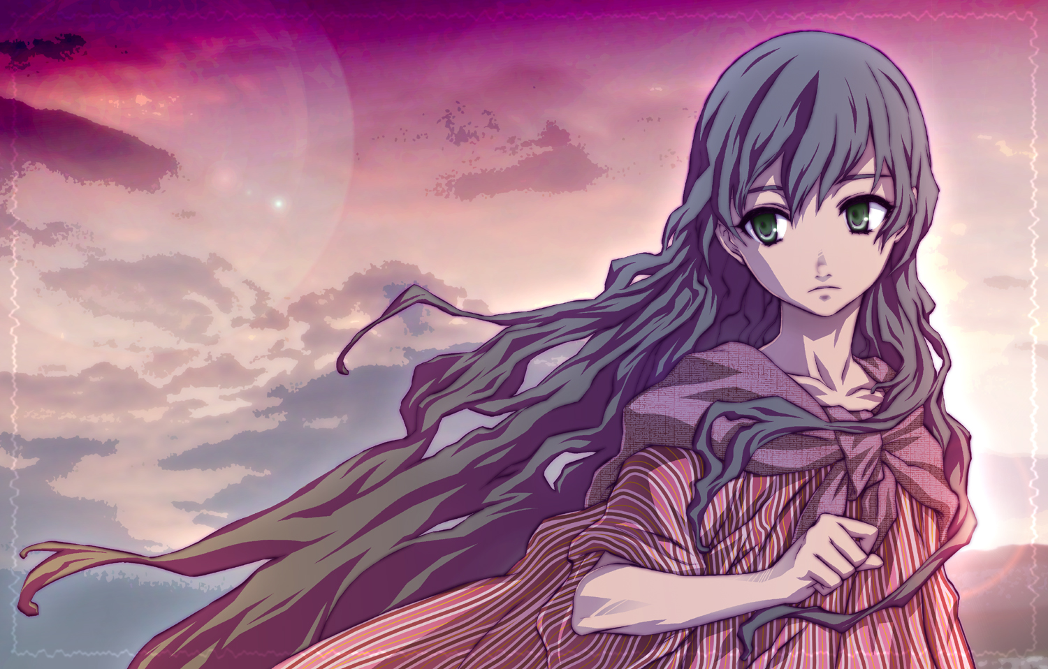 shoumaru (gadget box), original, striped, bad id, bad pixiv id, 1girl, black hair, cloud, curly hair, dress, female focus, green eyes, long hair, moon, outdoors, shawl, sky, solo, twilight, very long hair