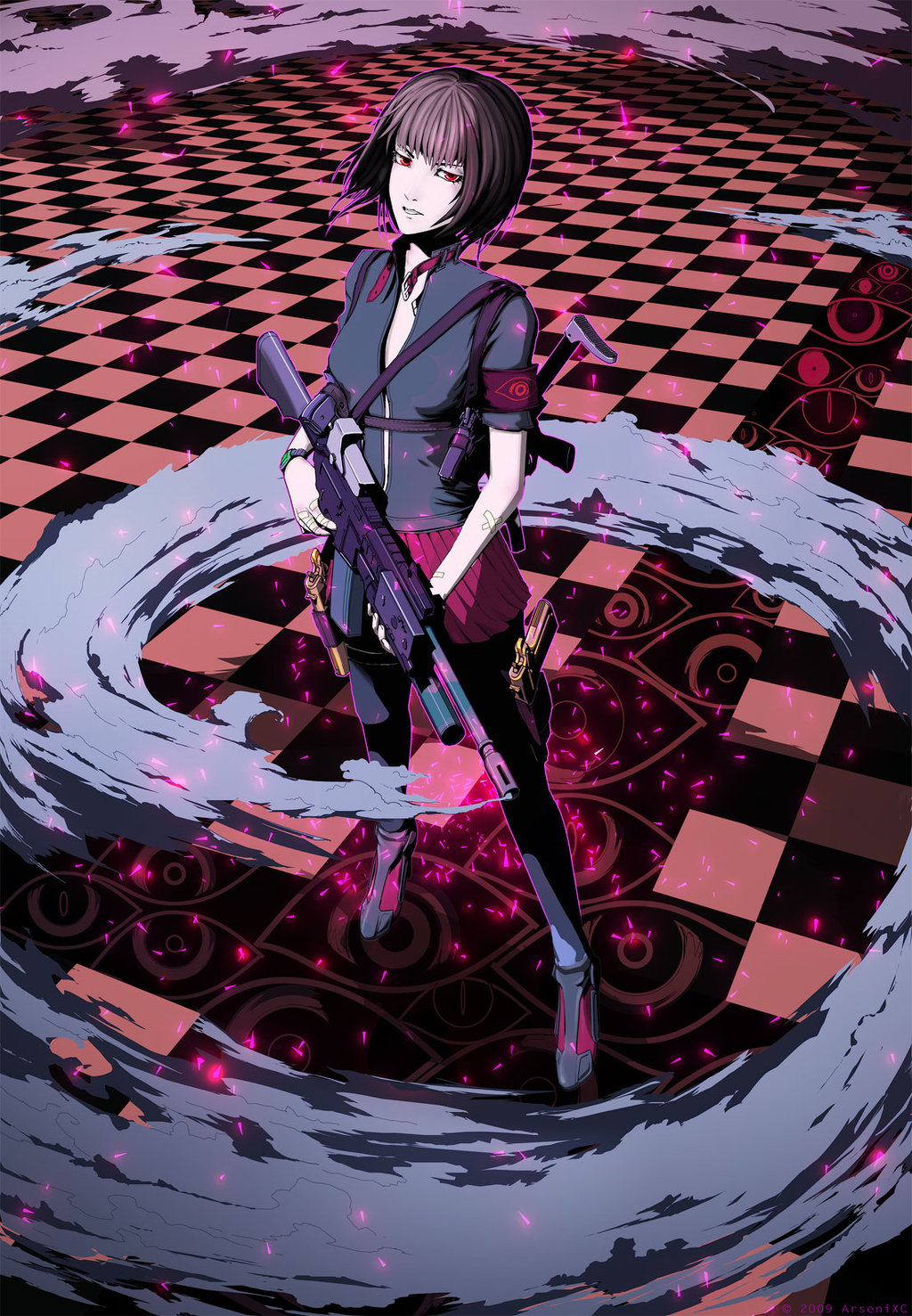 arsenixc, heckler & koch, original, highres, md5 mismatch, resized, resolution mismatch, source larger, 1girl, armband, assault rifle, bandages, brown hair, checkered floor, clenched teeth, eotech, female focus, gun, h&k mp5, handgun, holster, m1911, m4 carbine, pantyhose, perspective, pistol, red eyes, rifle, short hair, skirt, smoke, solo, submachine gun, teeth, thigh holster, weapon