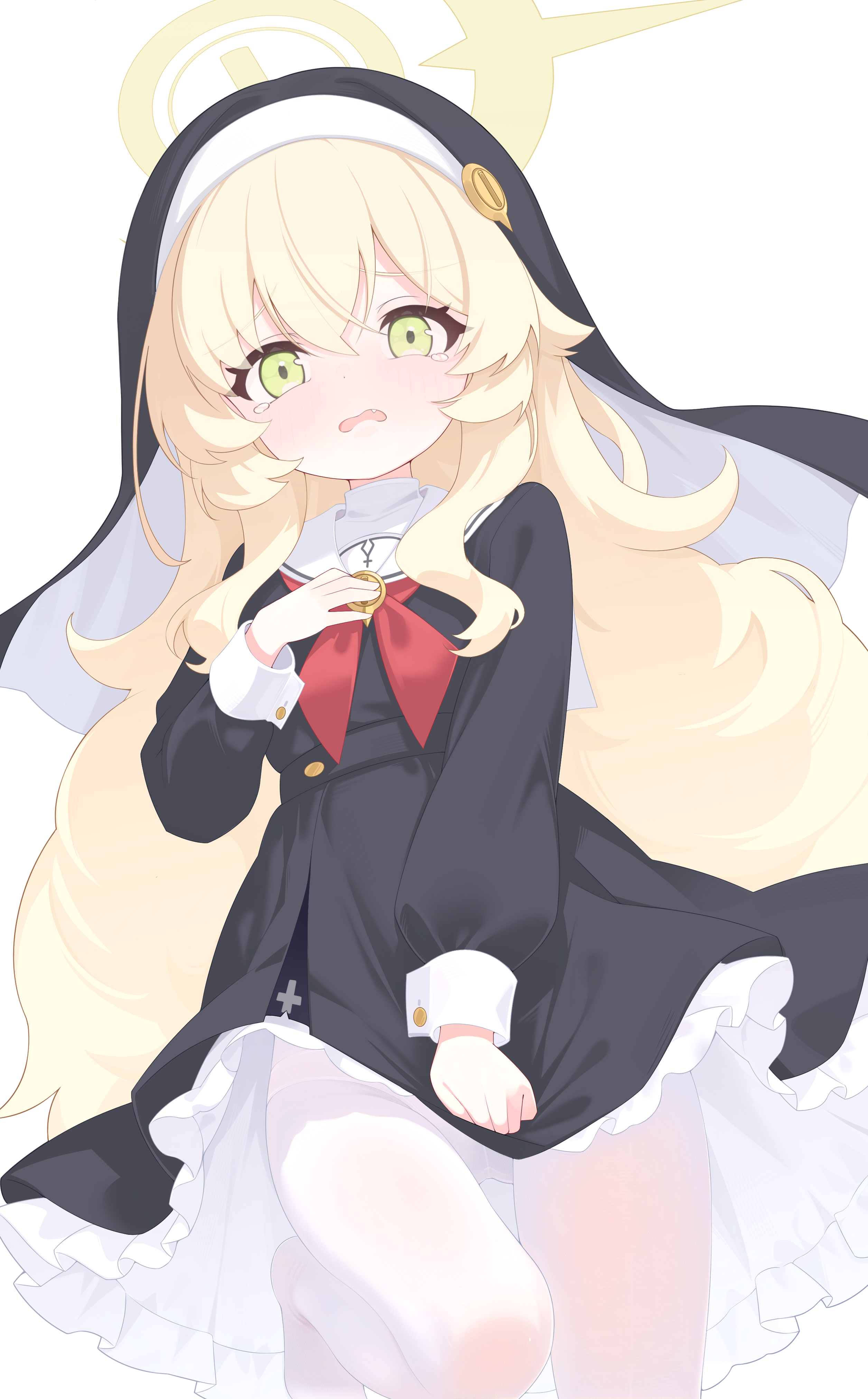 jiuchong ying fengxue, professor niyaniya (blue archive), blue archive, absurdres, commentary, highres, 1girl, black dress, blonde hair, dress, green eyes, guimpe, halo, long hair, looking at viewer, nun, panties, panties under pantyhose, pantyhose, sailor collar, sailor dress, short dress, simple background, solo, underwear, wavy hair, white background, white pantyhose, white sailor collar, yellow halo