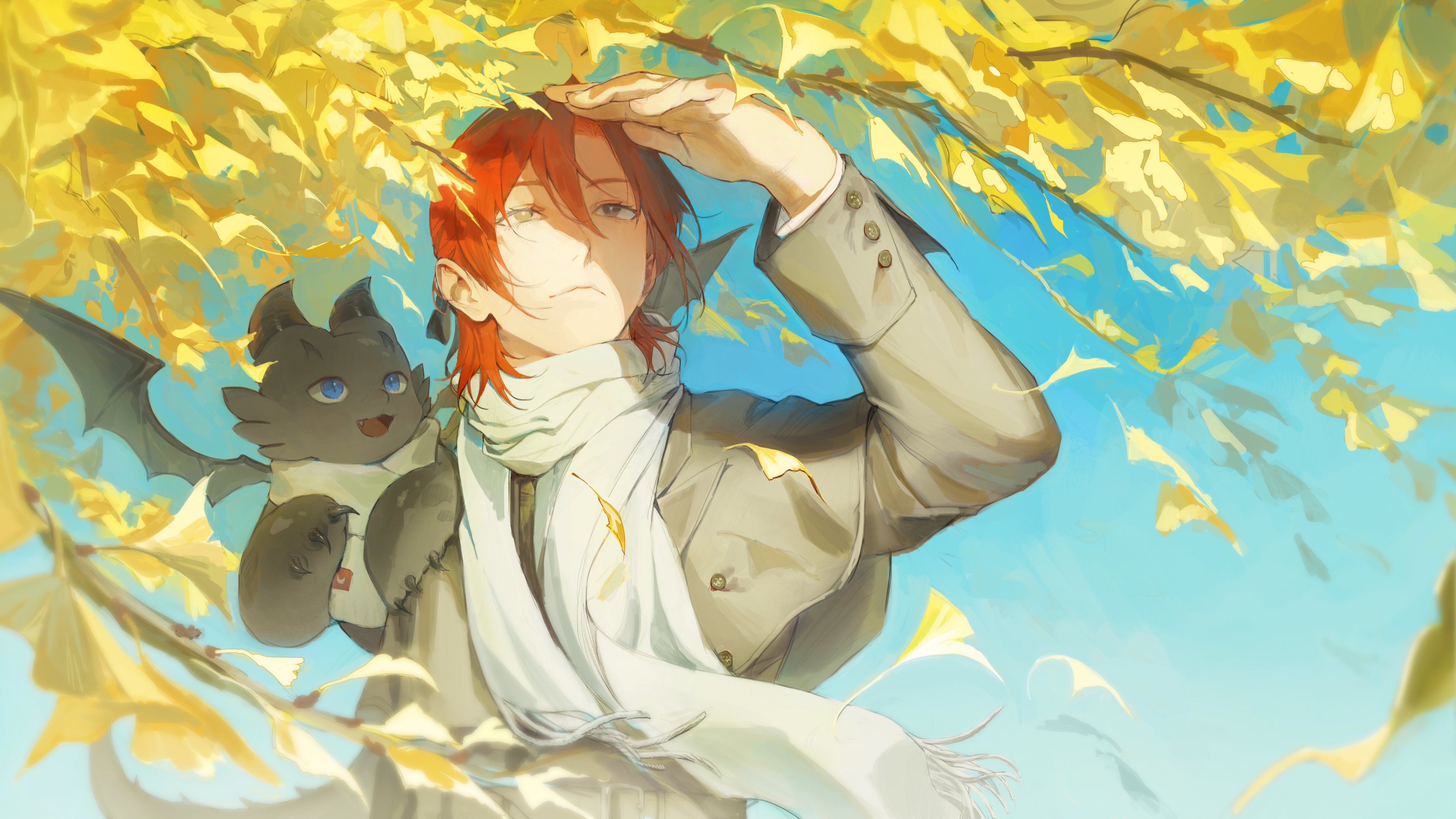 cale henituse, raon miru, lout of count's family, absurdres, hashtag-only commentary, highres, 1boy, animal, animal on shoulder, autumn leaves, blue eyes, blue sky, branch, brown coat, capelet, closed mouth, coat, creature, day, dragon, falling leaves, ginkgo leaf, grey coat, grey eyes, hair between eyes, jacket, leaf, long sleeves, looking afar, looking ahead, looking up, male focus, mole, monchya 33, on shoulder, outdoors, red hair, scarf, shading eyes, short hair, sky, smile, solo, tree, upper body, white scarf, wind, wings