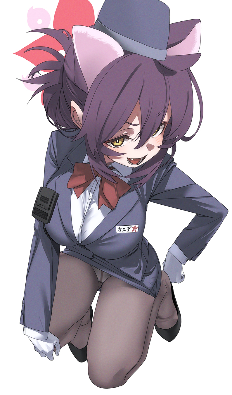 fu-ta, kaede (blue archive), kaede (guide) (blue archive), blue archive, commentary request, highres, 1girl, ahoge, animal ears, black hair, black hat, black jacket, black skirt, blush, bow, bowtie, breasts, brown pantyhose, collared shirt, garrison cap, gloves, hair bun, halo, hat, high heels, jacket, kneeling, large breasts, long sleeves, looking at viewer, medium hair, open mouth, pantyhose, pencil skirt, raccoon ears, raccoon girl, shirt, sidelocks, skirt, smile, solo, white gloves, white shirt, yellow eyes