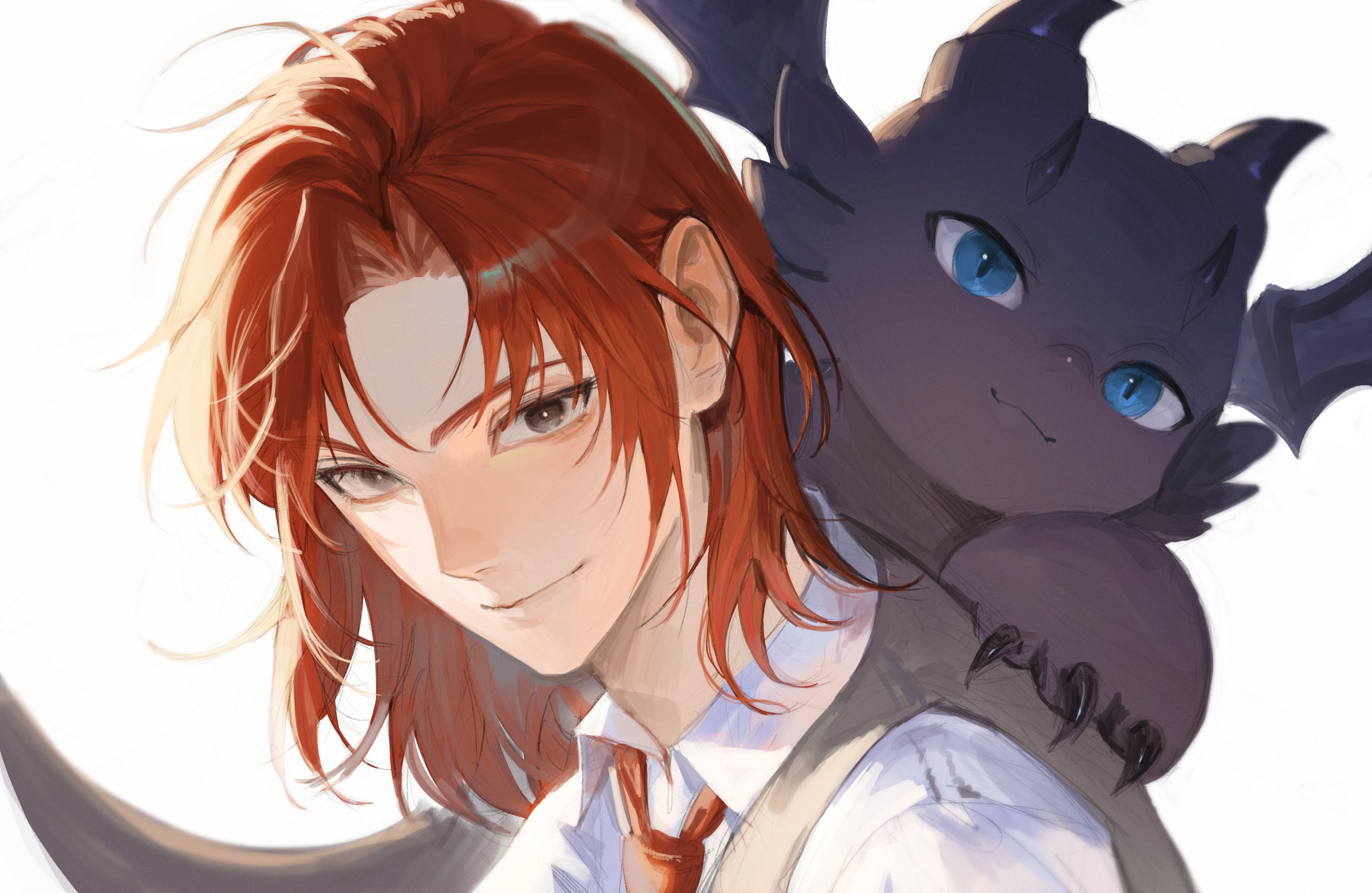 cale henituse, raon miru, lout of count's family, absurdres, commentary request, highres, korean commentary, 1boy, blue eyes, closed mouth, collared shirt, creature, dragon, grey eyes, looking at viewer, male focus, medium hair, monchya 33, necktie, parted bangs, portrait, red hair, red necktie, shirt, simple background, smile, tail, upper body, vest, white background, white shirt, wings