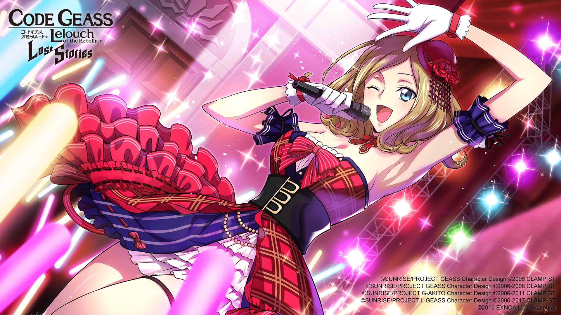 f4samurai, milly ashford, code geass, code geass: lost stories, commentary request, game cg, highres, official art, 1girl, arm up, armband, armpits, blonde hair, blue eyes, blush, bow, bowler hat, bowtie, breasts, choker, cleavage, cowboy shot, curtains, door, dress, dutch angle, flower, gloves, glowing, glowstick, hand up, happy, hat, hat flower, holding, holding microphone, idol, idol clothes, indoors, layered dress, legs together, light blush, medium breasts, medium hair, microphone, mini hat, one eye closed, open mouth, parted bangs, plaid clothes, plaid dress, red bow, red bowtie, red choker, red dress, red flower, red hat, red rose, ribbon-trimmed dress, ribbon trim, rose, sash, shiny skin, short dress, sidelocks, smile, solo, sparkle, stage lights, standing, strapless, strapless dress, thigh strap, thighs, tilted headwear, white gloves