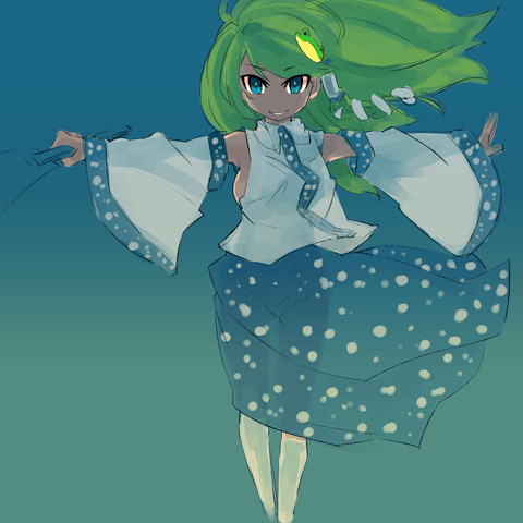 mota, kochiya sanae, touhou, lowres, 1girl, blue eyes, detached sleeves, female focus, gradient background, green hair, long hair, see-through clothes, solo