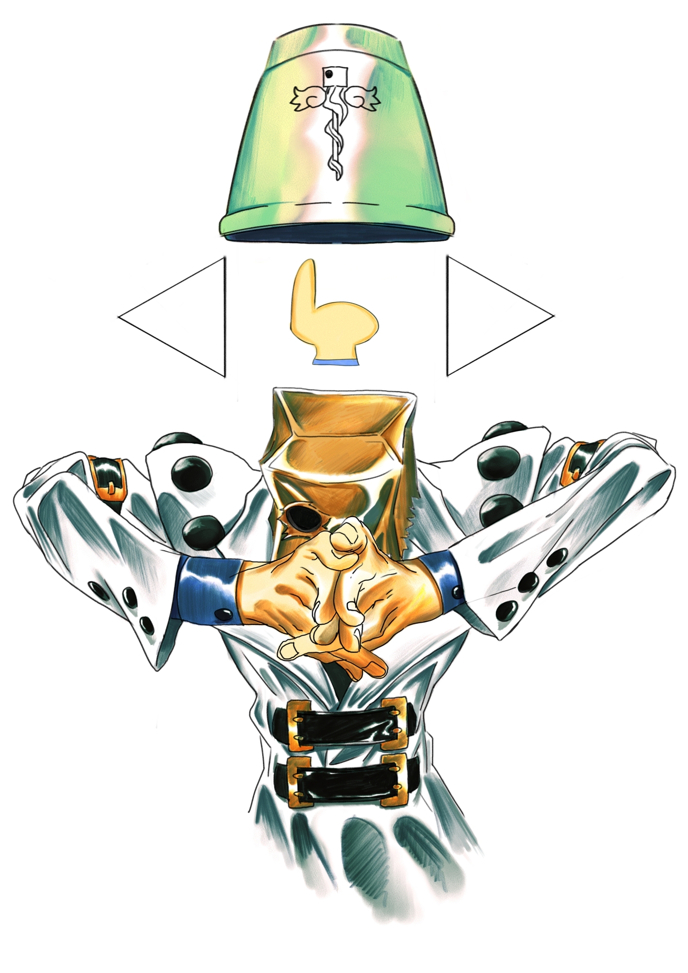 storyteller777, faust (guilty gear), guilty gear, commentary request, highres, 1boy, arm belt, bag, bag over head, belt, cropped torso, cup, gameplay mechanics, interlocked fingers, jacket, long sleeves, male focus, multiple belts, own hands together, paper bag, simple background, solo, upper body, white background, white jacket