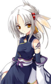 mutsumi masato, onigirikun, tenrou kunagi, alice soft, dai (series), daibanchou, lowres, 1girl, breasts, china dress, chinese clothes, detached sleeves, dress, feathers, female focus, ponytail, solo, tattoo, white hair, yellow eyes