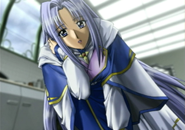 jumiel, rayblade, game cg, 1girl, blue eyes, breasts, female focus, hair ribbon, long hair, military, military uniform, purple hair, ribbon, solo